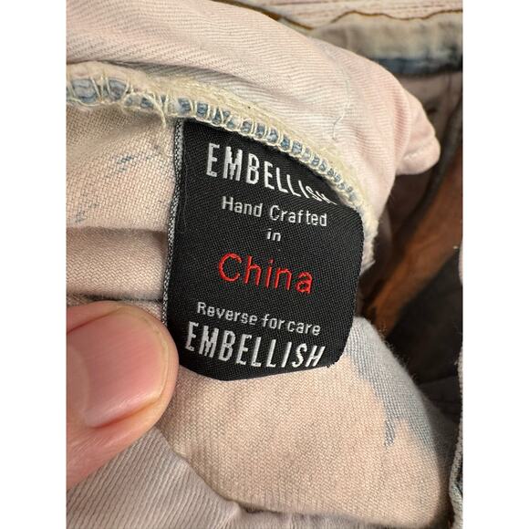 Embellish Distressed Moto Jeans Mens 34 Blue Pink Washed Denim - Picture 9 of 12